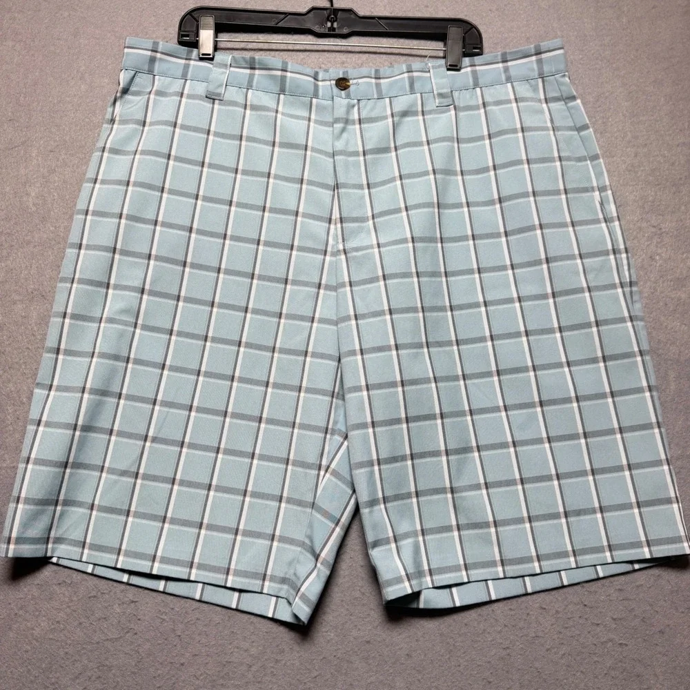 Adidas Golf Shorts Mens 40x11 Blue Plaid Check Flat Front‎ Performance Athletic